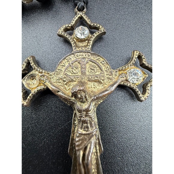 Vintage Beaded Rosary Necklace Black Faceted Glass Rhinestones HUGE 32" READ - Picture 9 of 11